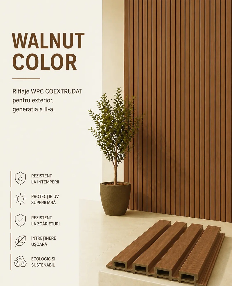 Riflaj PVC exterior, 2900mm x 220mm x 26mm, Walnut Color 2