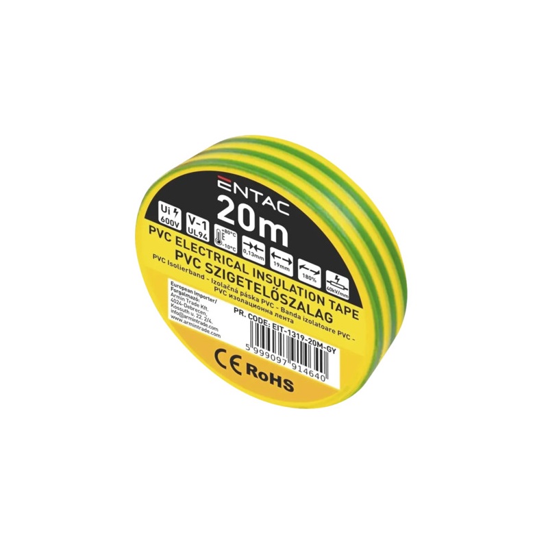 Banda izolatoare 0.13x15mm, 20m, verde-galben, Entac